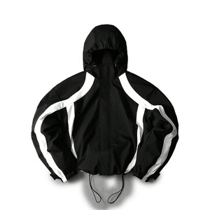 Black Hooded <b>Racer</b> <b>Jacket</b> With White Stripes Windproof Zipper Closure Sporty Autumn Wear Loose Fit Polyester Material - Product Image 2
