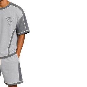 <b>Light</b> Grey Mens Oversized T Shirt And Shorts Set Dark Grey Contrast <b>Panels</b> Custom Logo Crew Neck Casual Streetwear Wholesale - Product Image 4