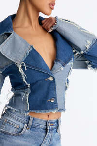 Women's Patchwork <b>Denim</b> <b>Jacket</b> Distressed Ripped <b>Cropped</b> Regular Fit Casual Spring Style Button Front Coat Ladies <b>Denim</b> <b>Jackets</b> - Product Image 3