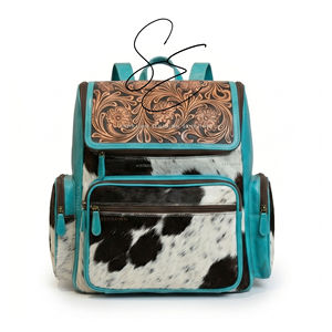 Western Cowhide <b>Leather</b> Diaper <b>Backpack</b> Turquoise Tooled Hair On Hide <b>Large</b> Zipper Mother Bag OEM Custom - Product Image 3