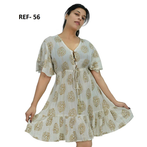 ผู้ผลิตชุดเดรสผ้าฝ้ายพิมพ์ลายฟอยล์ คอวี ความยาวปานกลาง - Product Image 1