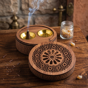 Laser Cut Wooden <b>Bakhoor</b> Burner Box Round Shape Arabic <b>Oud</b> Incense Holder Case With Geometric Carved Lid For Home Decoration - Product Image 6