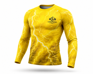 Men Yellow Lightning Compression Shirt Long Sleeve Rash Guard Gym Fitness Workout <b>Athletic</b> Base Layer Performance Sportswear - Product Image 1