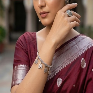 DIVYORO Women's Oxidized Silver Brass <b>Copper</b> Alloy Ethnic Tribal Style Twin Leaf Charm Bangle for Party Occasion KADA - Product Image 4