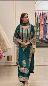 Women's <b>Emerald</b> Green Embroidered Anarkali Suit Traditional Indian Pakistani Style Floor-Length Rayon <b>Dress</b> Loose Fit Casual - Product Image 3