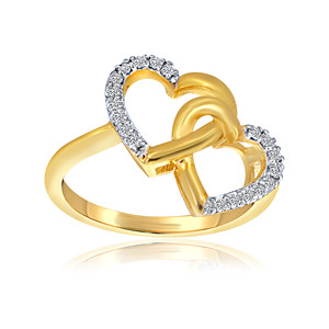 Encantador anillo de oro de 14 quilates con dos corazones entrelazados adornados con diamantes, banda delicada, joyería de lujo para mujer - Product Image 1