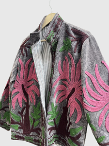 Chaqueta de Terciopelo con Bordado Floral, Cuello Mandarín, Manga Larga, Talla Grande, Ropa de Otoño para Mujer - Product Image 5