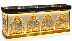 Mostrador Buffet de Acero Inoxidable Iluminado en Dorado |   Estación de Catering Moderna y Clásica con Diseño de Hojas Decorativas para Exteriores de Hotel - Product Image 6
