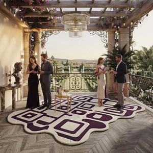 Alfombra de Área Geométrica Morada y Marfil Contemporánea, Hecha a Mano, de Lujo, Abstracta, de Lana, para Sala de Estar y Dormitorio - Product Image 4