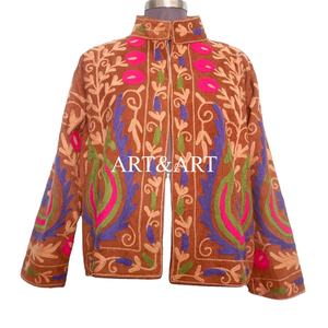 Indian Embroidered Cotrise Quilted <b>Jacket</b> for Women Summer Boho Style Full Sleeves <b>Mandarin</b> <b>Collar</b> Breathable Eco-Friendly - Product Image 2