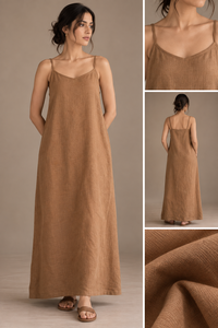 Robe longue beige en lin et coton pour femme, bretelles spaghetti, coupe trapèze, tissée, ample, pour les vacances et tenue décontractée - Product Image 5