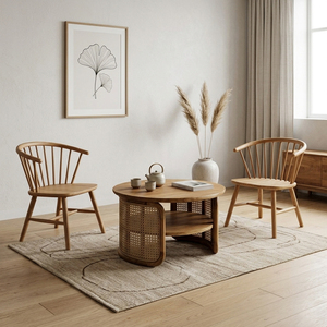 Mesa de Centro de Madera de Teca de Diseño Escandinavo Minimalista, Combinación Duradera de Ratán, Estantes de Almacenamiento Modernos, Sala de Estar Ecológica - Product Image 5