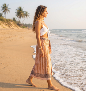 Pareo de algodón estampado a mano al por mayor para mujer, con estampado floral de melocotón, ligero, estilo bohemio, para playa o resort indio. - Product Image 5