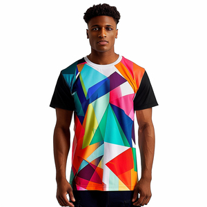 T-shirt à manches courtes pour homme, imprimé géométrique, coupe classique, col rond, décontracté, respirant, en polyester tricoté - Product Image 1