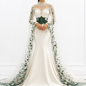 Nouvelle Robe de Mariée de Luxe en Satin, Coupe A-Line, Longueur Ras du Sol, Ivoire, avec Broderie Florale Vert Émeraude et Manches à Col Montant - Product Image 1