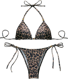 Conjunto de Bikini con Estampado de Leopardo para Mujer, Top Halter con Lazos Laterales, Parte Inferior de Spandex y Poliéster, Traje de Baño de Dos Piezas Elástico - Product Image 1