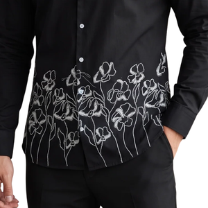 <b>Black</b> Floral Embroidered <b>Mens</b> Long Sleeve <b>Shirt</b> Button Down Casual <b>Slim</b> <b>Fit</b> Fashion <b>Shirt</b> for Formal Party Evening Wear - Product Image 5