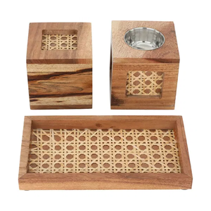 Ensemble de brûleurs d'encens en bois et rotin, luxe, en bois de manguier, encensoir Bakhoor avec incrustation en cannage tressé, boîte de rangement et plateau assortis - Product Image 3