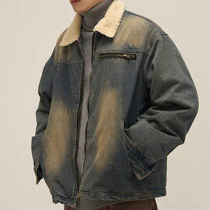 Chaqueta de mezclilla lavada para hombre con forro de sherpa, cuello vuelto, cierre de cremallera, estilo workwear, gruesa para invierno, manga regular - Product Image 5