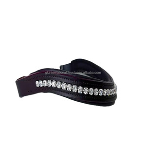 Produits équestres de haute qualité faits à la main, ménottes de tête pour cheval en cuir véritable rembourrées avec une rangée de cristaux transparents brillants. - Product Image 6