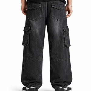 Pantalones Vaqueros Cargo Negros de Pierna Ancha Personalizados para Hombre con Bolsillos Utilitarios, Estilo Urbano, Fabricante OEM, Proveedor OEM de Jeans - Product Image 2