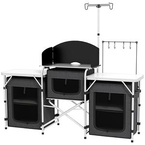 Tavolo Pieghevole Portatile da Campeggio in Alluminio Nero con Armadietti in Tessuto e Paravento per Camera da Letto, Palestra, Barbecue, Picnic, Campeggio - Product Image 1