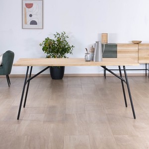 Vandana Ivory Volume <b>dining</b> <b>table</b> in a minimalist Japanese style with a wooden <b>top</b> and metal legs - Product Image 3