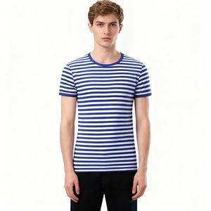 Camisetas de Algodón Unisex al por Mayor, Cuello Redondo, Manga Corta, con Rayas Azul Marino, Tejido de Punto de 180 g/m², Diseño Casual con Rayas Marineras - Product Image 3