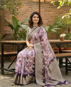 Sari traditionnel en tissu doux et lisse à motif floral, longueur 5,5 mètres, avec pièce de blouse non cousue, au prix de gros - Product Image 2