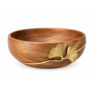 Bol à salade en bois artisanal avec accent feuille de Ginkgo en laiton doré, idéal pour hôtels et restaurants, vaisselle de table en bois, centre de table. - Product Image 1