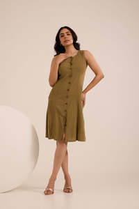 Vestido de mezclilla de algodón color oliva para mujer, sin mangas, con cuello redondo y botones, vestidos casuales para mujer con tela ligera y a la moda. - Product Image 5