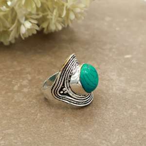 Handmade Vintage Oxidized Brass Turquoise Bezel <b>Set</b> Statement <b>Ring</b> Bohemian Ethnic Tribal Design SHYAM JEWELRS - Product Image 2