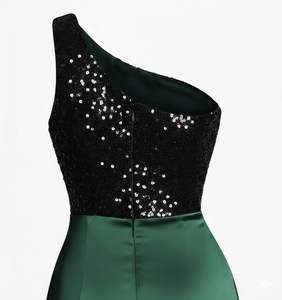 Vestido de Fiesta Maxi Elegante para Mujer, de un Solo Hombro, con Lentejuelas, Escote Corazón, Base de Satén de Seda, Drapeado, con Superposición Esmeralda, Estilo Tubo, Sin Espalda, Personalizable - Product Image 3