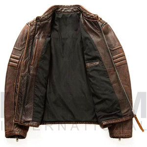 Men's Brown Leather Motorcycle Jacket Stand Collar Zipper Closure Slim Fit Moto Biker Style - Product Image 2
