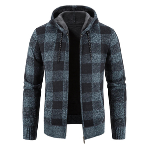 <b>Men</b> Plaid Hooded Fleece Knit Jacket Zip Up Casual <b>Cardigan</b> Thick Winter Outerwear - Product Image 3