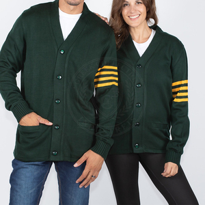 Cardigan personnalisé pour homme, vert foncé, en acrylique tricoté avec rayures jaunes, col en V, pull décontracté pour homme et femme, coupe ample - Product Image 6