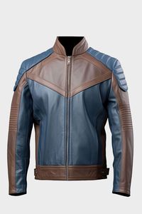 Blouson moto homme en cuir PU bleu, col montant, fermeture éclair, coupe ajustée, manches classiques, couleur unie, pour l'automne - Product Image 5