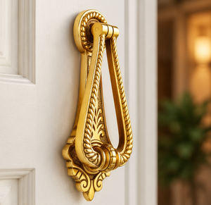Timbre de puerta Regency en tono dorado con bordes de cuerda ornamentados, intrincados motivos de volutas y marco decorativo en forma de lágrima para entrada clásica - Product Image 3