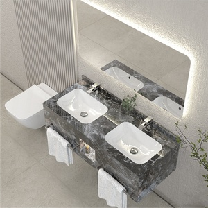 Meuble de salle de bain avec niche et porte-serviettes en pierre frittée marbrée brillante de luxe à double cuvette sans joint pour hôtel et appartement - Product Image 1