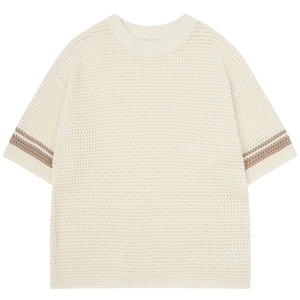 Crochet Knitted Contrast Stripe T Shirt <b>Neutral</b> Short Sleeve Textured Summer Casual Top Breathable Knitwear - Product Image 1