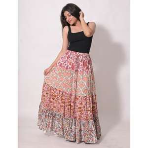 Jupe longue artisanale en coton respirant, patchwork, imprimé au bloc, style bohème, maxi jupe vintage ethnique pour femme, idéale pour les festivals d'été - Product Image 5