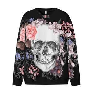 T-shirt à manches longues pour homme, col rond, imprimé floral crâne, décontracté, en polyester tricoté - Product Image 5