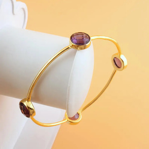 Handmade gold plated amethyst bangle <b>bracelet</b> – Cuff design with faceted purple stones - Product Image 3