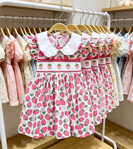<b>Strawberry</b> <b>Print</b> Smocked <b>Dress</b> for Baby Girls, Peter Pan Collar Ruffle Sleeve Cotton Kids <b>Dress</b> - Product Image 3