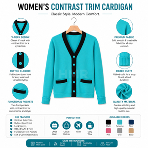 Cardigan en tricot turquoise avec logo personnalisé en acrylique HMR Sisterhood Sorority, bordure noire, col en V, manches longues, haut décontracté - Product Image 6
