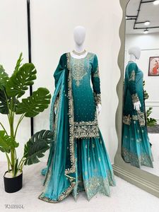 Indian Bollywood Ethnic Stitched Kameez Chinon Silk Heavy Embroidery <b>Kurta</b>/Kurti <b>Women</b> Moisture Wicking Quick Dry Party Winter - Product Image 3