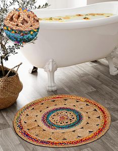 Alfombra Redonda de Yute con Patrón de Mandala Colorido, Ecológica, con Detalles Trenzados de Arcoíris, para Decoración Bohemia, Festiva o Rústica - Product Image 5