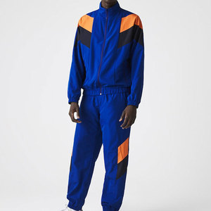 Men's Blue Orange Color Blocked Tracksuit Set Zipper Closure Elastic Waist Regular Fit Polyester Outdoor Wear - Product Image 1