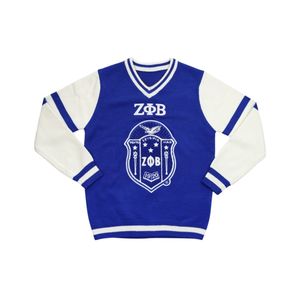 ZΦB Zeta Phi Beta Chenille & Embroidery V-Neck Sweaters Full Sleeve Knitted Pullover Blue White Logo Front - Product Image 1