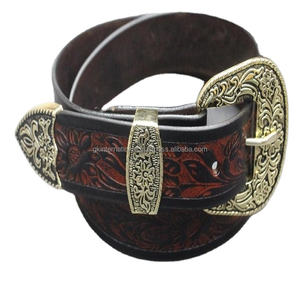 Ceinture en cuir occidentale pour homme, design personnalisé, sculpture à la main, motif floral en relief, avec un ensemble de trois boucles métalliques - Product Image 1